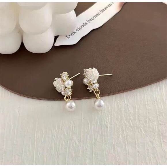Elegant Floral Pearl Zirconia Stud Earrings, Bouquet Crystal Accent Earrings - Picture 7 of 9
